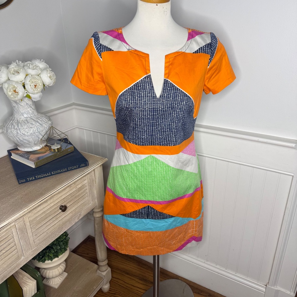 Trina Turk Women Orange Geometric Split Neck Short Sleeve Shift Dress Size 4